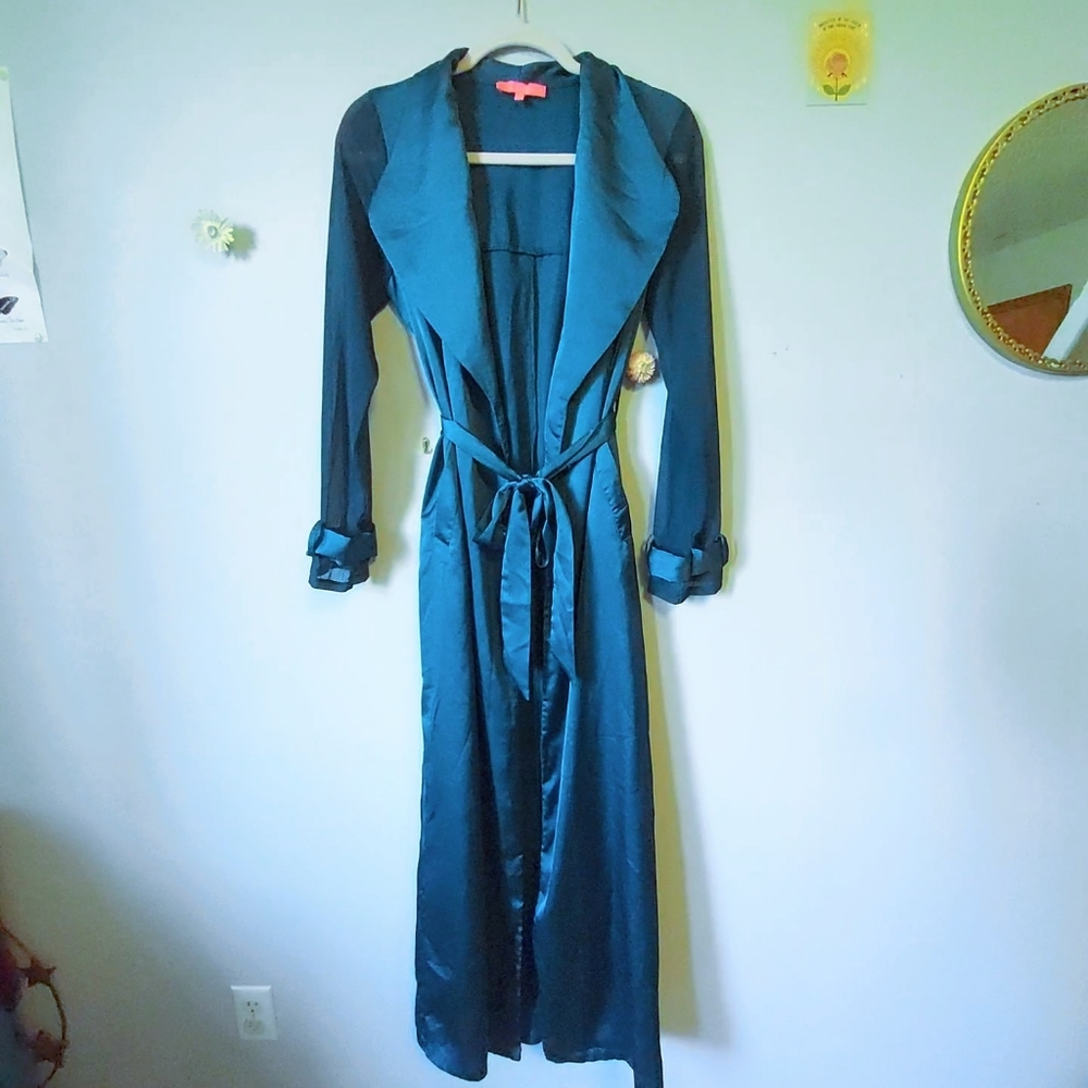 Silky Satin Shirt Dress Duster Pockets Tie Sash Royal Teal Blue